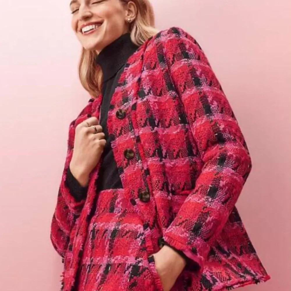 Ann Taylor Pink Multi Houndstooth Tweed Long Jacket - Like new - Picture 1 of 12